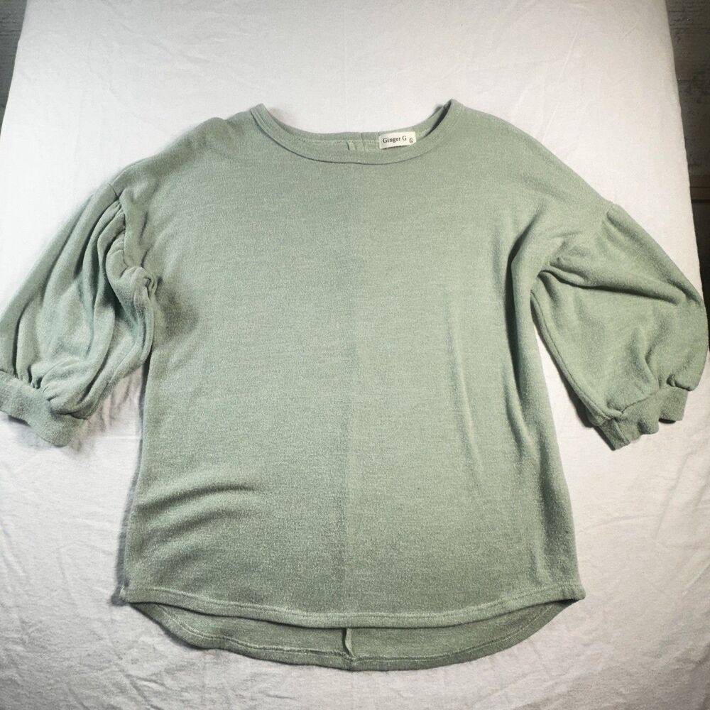 Ginger G Top Short Balloon Sleeves Sweater Green Button Accents On Back Large